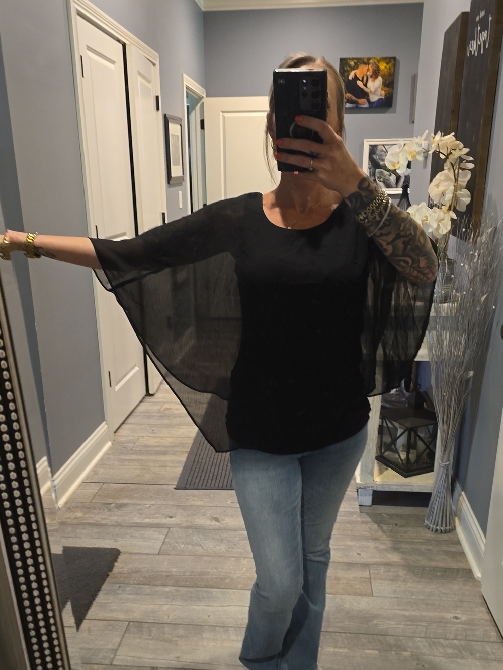 Alyx Black Sheer Cape-Sleeve Tunic Top